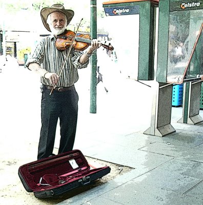 A lone violin player tries to earn a few coins in Bourke Street
