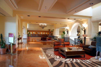 The beautiful lobby is primarily red granite.