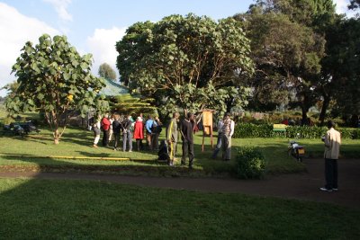 Gorilla trekking tourists gathered at the ORTPN office near Ruhengeri, Rwanda.