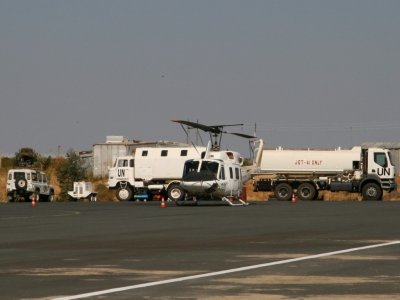 UN helicopter and vehicles at the Axum airport.  These are for the Ethiopia-Eritrea border peacekeeping mission.