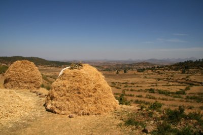 Piles of hay, with a scenic vista looking northward toward Eritrea, near the tombs of Kaleb and Gebre Meskel.