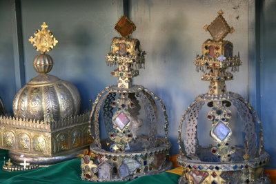 A collection of crowns from Ethiopian monarchs is displayed in the Tsion Maryam Complex