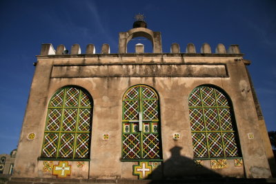 Exterior of the 17th-Century Church at Tsion Maryam.  Note similar style to castles of Gondar.