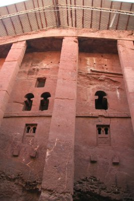 Bet Medhane Alem.  Note upper windows with design reminiscent of the top of the pre-Christian Ezana Stela in Axum.