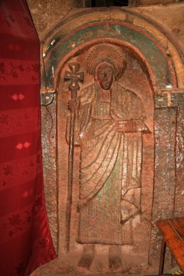 Carving of an Ethiopian saint inside Bet Golgotha.  This is the only church in Lalibela in which women are not permitted.