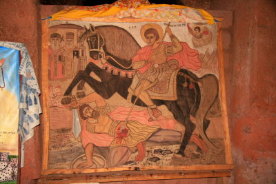 A painting in Bet Mercurios, showing Saint Mercurios killing the evil King Oleonus.