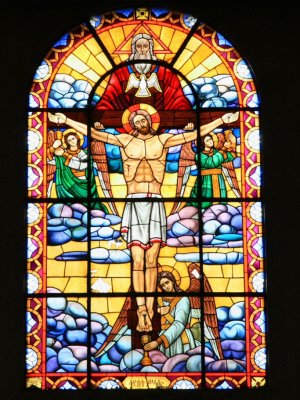 Stained glass depiction of the crucifixion