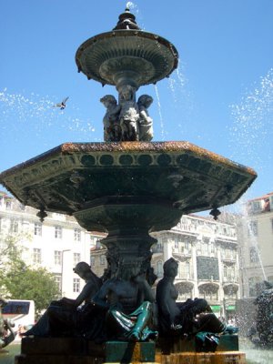 Fountain in the square - watch out for the water, birdie!