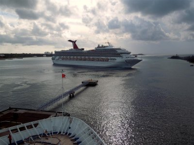 Carnival Victory doing a 360-degree spin before heading out of the harbor