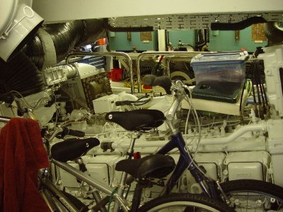 THIS WAS AKE'S DOMAIN-THE ENGINE ROOM WITH ONE OF THE THREE DIESELS IN THE BACKGROUND