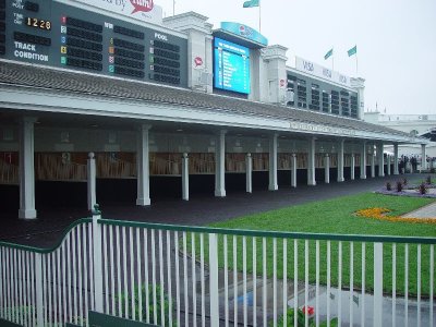 THE FAMOUS PADDOCK AREA WHERE THE HORSES ARE SADDLED BEFORE EACH RACE-NOTICE THE SCREEN AND SCORE BOARDS ABOVE-RACE TRACK SCREEN
