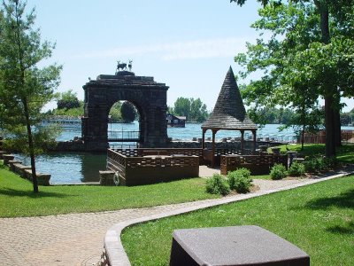 THIS WAS PART OF THE DUCK POND -NOTICE THE STAGS ON THE TOP OF THE ARCH