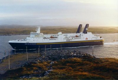 THE J AND F SMALLWOOD FERRY APPROACHING THE NEWFOUNDLAND DOCK AT PORT AUX BASQUES (ferry service photo)