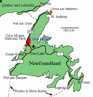 GROS MORNE NATIONAL PARK  IS THE RED AREA ON THE MAP NORTH OF CORNER BROOK
