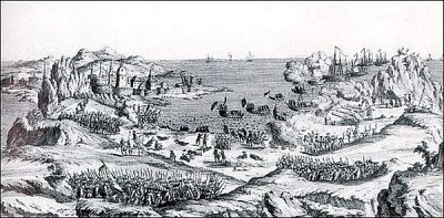 THIS IS A DEPICTION OF THE BATTLE BETWEEN THE FRENCH AND ENGLISH FOR ST JOHN'S