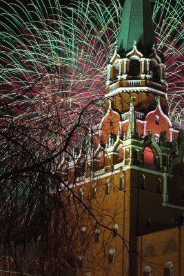 fireworks over Spasskaya tower. The Kremlin. Moscow