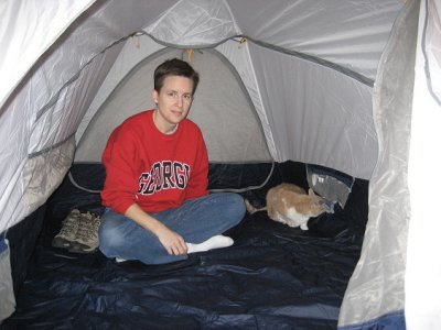 Liz in new Sierra Designs tent ©  Liz Stanley