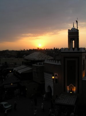 sunset with Qessabin mosque in Marrakesh from terasse of Chez Chegrouni