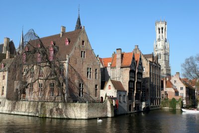 Brugge Belfry and canal behind Hotel Erasmus 3