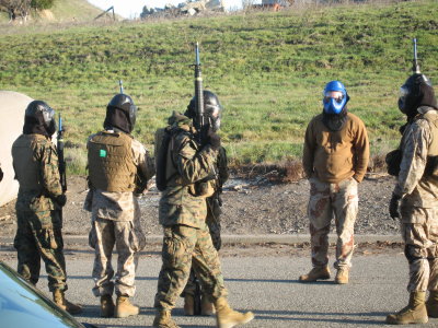 Instructors, corpsman and bad guys wear the blue headgear