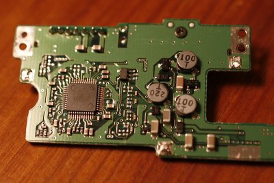 Underside of that same board. Battery leads have been un-soldered.