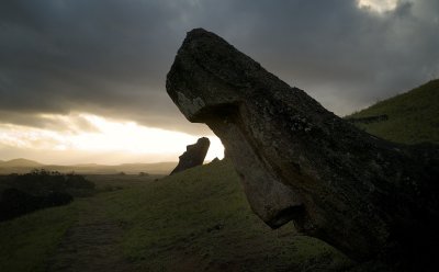 Moai, Rano Raraka, at sunset.