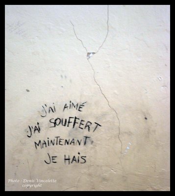 On the Wall , you can read this:  ... I Haved Loved  I Haved Suffered and Now, I Hate