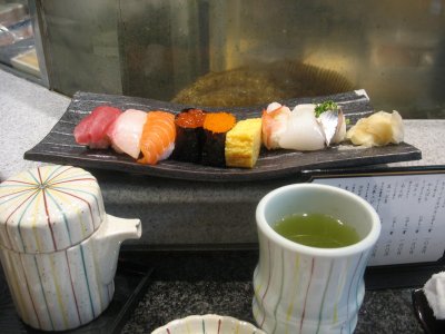 Yummy-delicious sushi lunch in one of the hole-in-the-wall places around Tsukiji fish market