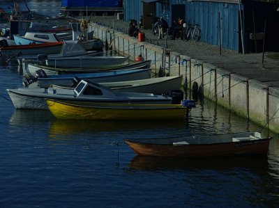 Cluster of boats at sunset