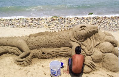 Sand sculpturing an iguana