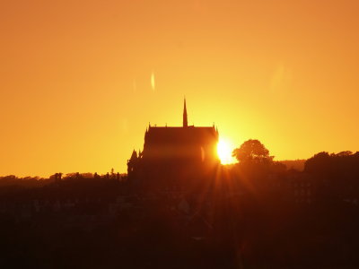 Arundel Cathedral,silhouetted by the setting sun.