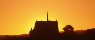 Roman Catholic Cathedral at Arundel,silhouetted by the setting sun.