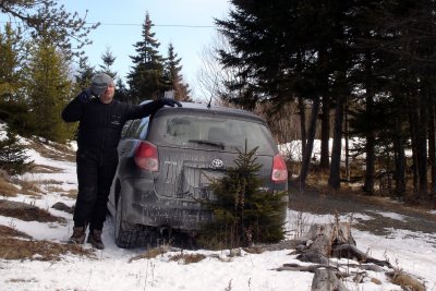 Andr's car found a rock, ice... and tree!!