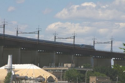 Amtrak train passes overhead