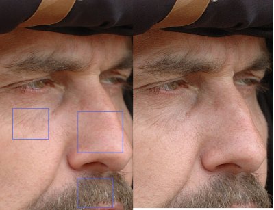 A gauche l'image a été accentuée avec des reglages incorrects (rayon un peu large, mais surtout seuil trop elevé (5), ce qui a empêché l'accentuation des détails les plus fins.
Cela a entrainé l'apparition de zones vides d'information et quelques zones trop accentuées (voir particulièrement dans les poils de moustache et de sourcils) ce qui crée un manque d'homogeneïté, et provoque un effet artificiel et inesthétique.
A droite le niveau de seuil est à 0. L'accentuation avec un rayon faible et une forte intensité provoque une accentuation forte mais fine et régulière dans tous les niveaux de détails L'image est homogene, fourmille de détails et a un bien meilleur modelé. Elle est plus naturelle. Le bruit a été accentué par le seuil à 0 mais ne nuit pas dans cette image, au contraire.