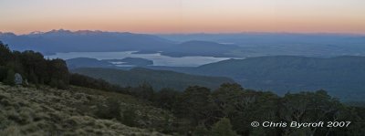 Sunset lighting, Lake Manapouri and mountains beyond