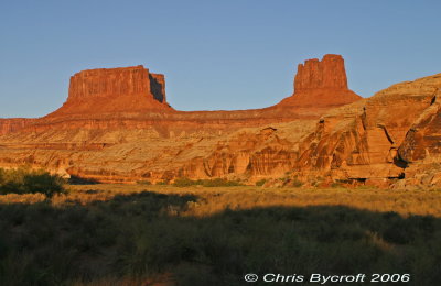 Morning sunlight on two buttes. These two make up the 'Butte of the Cross'