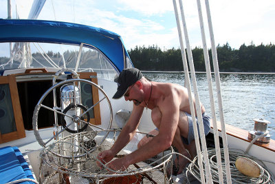 nathan setting up crab  pot