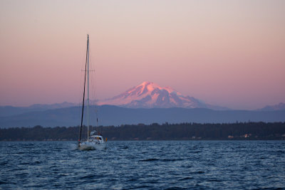 mt. baker and sailboat at sunset