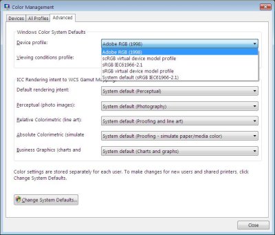 Vista Color Management Advanced Page (c2) - Device profile settings