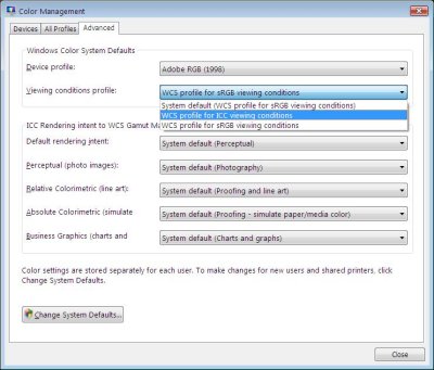 Vista Color Management Advanced Page (c3) - Viewing Conditions profile settings