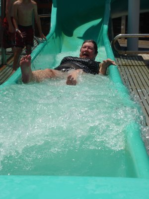 My mother in Law on the last few feet in the water slide.