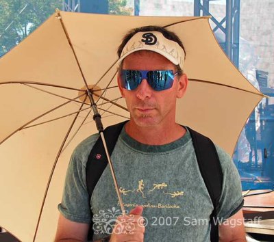 Dan sporting the umbrella and the cool shades.