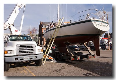 Dec. 5: Boats are being hauled out of the river in Damariscotta.