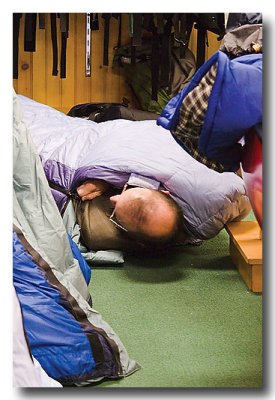 NO! Not Gov. Baldacci at  LL Bean's? This guy is trying out the sleeping bags...right on the floor!