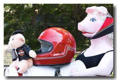 Aug. 2: Ms Piggly Wiggly prepares for a ride on her beau's Harley!