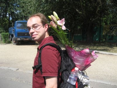 Me, carrying flowers the 2nd AE gave to Francine for her birthday. If I spoke Hungarian I'd have bought flowers that nice, too!