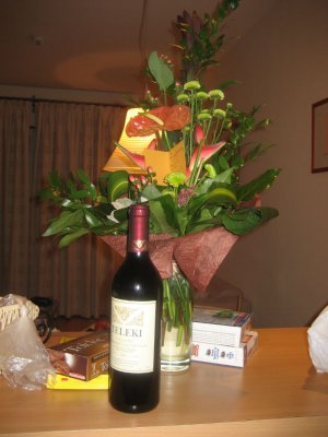 Birthday Flowers, Wine, and Granola Bars