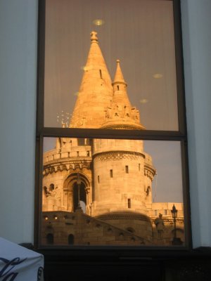 Reflection of the Fisherman's Bastion on the Hilton Hotel