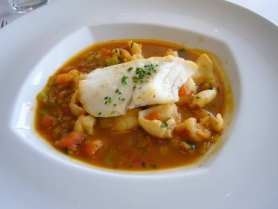 sea bass with seafood soup
